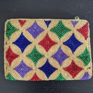 Neiman Marcus Vintage Beaded Coin Purse/Makeup Bag Gold, Green, Blue, and Red